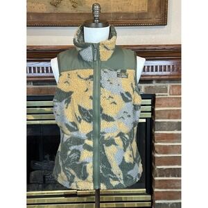 L.L.Bean Sherpa Fleece Vest Green Yellow Gray Camo Women's Sz L Zip Up 2 Pocket